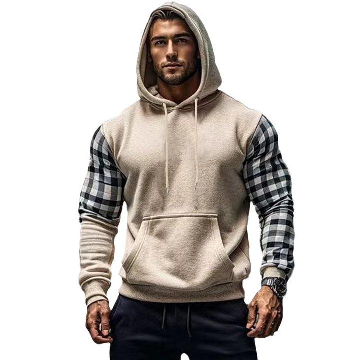 Herren Hoodie mit karierten Ärmeln und Kängurutasche Aliams