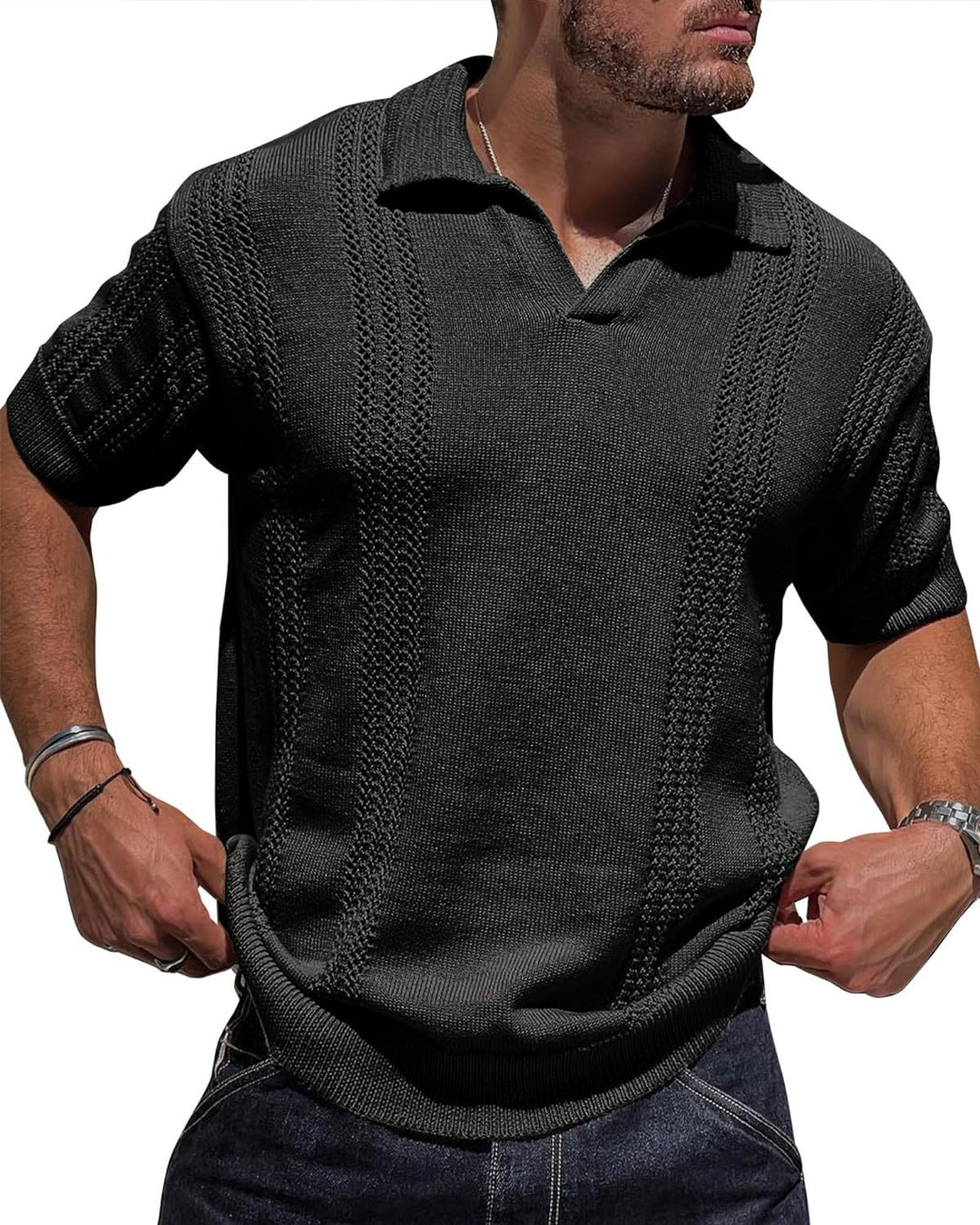 Herren Kurzarm Strickpullover mit strukturierter Oberfläche und Polokragen Aliams