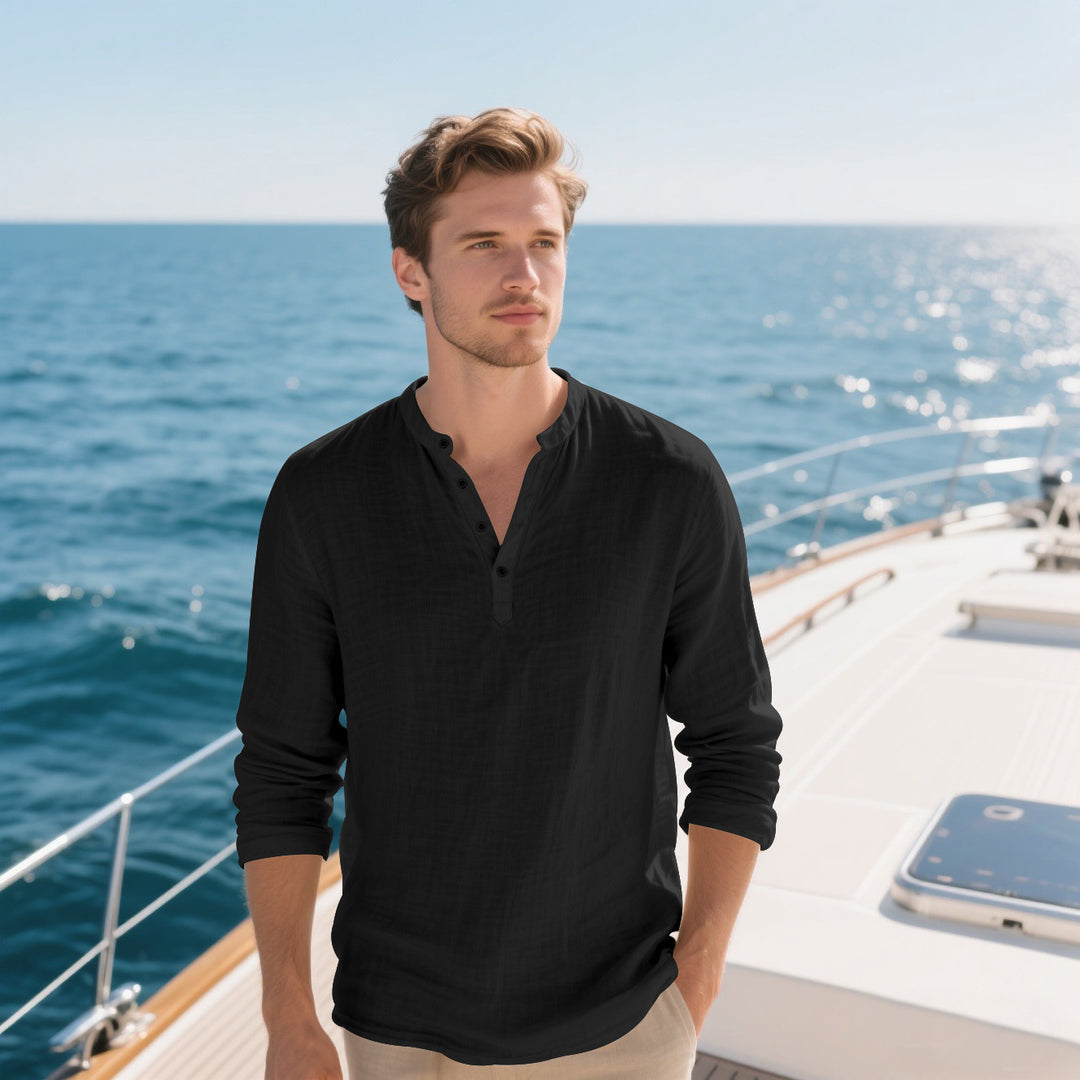 Herren elegantes Langarmhemd mit modischem Stehkragen und strukturierter Oberfläche Aliams