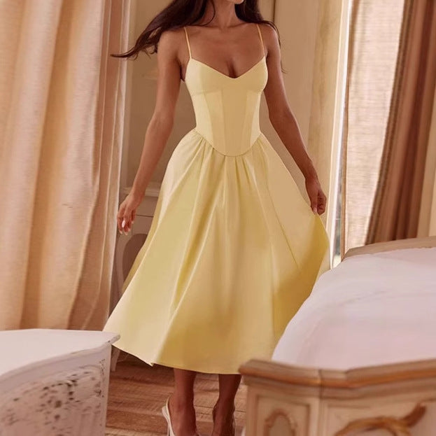 Damen Elegantes A-Linien Midi-Kleid mit Spaghettiträgern und weichem Stoff Aliams