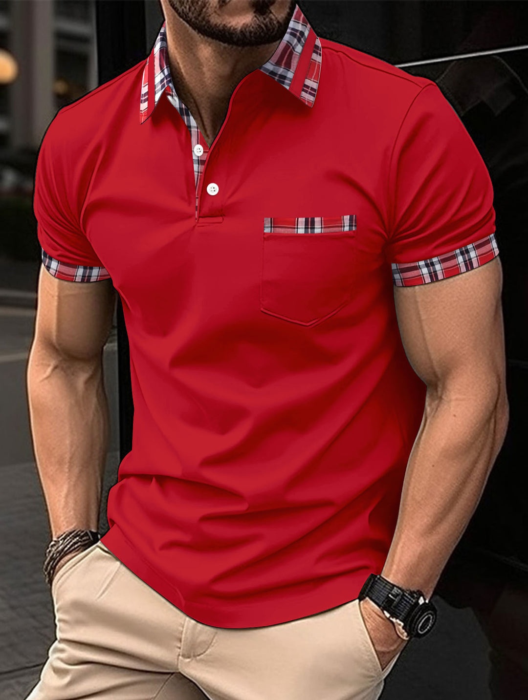 Herren Kurzarm-Casual-Polo mit markanten Karodetails Aliams