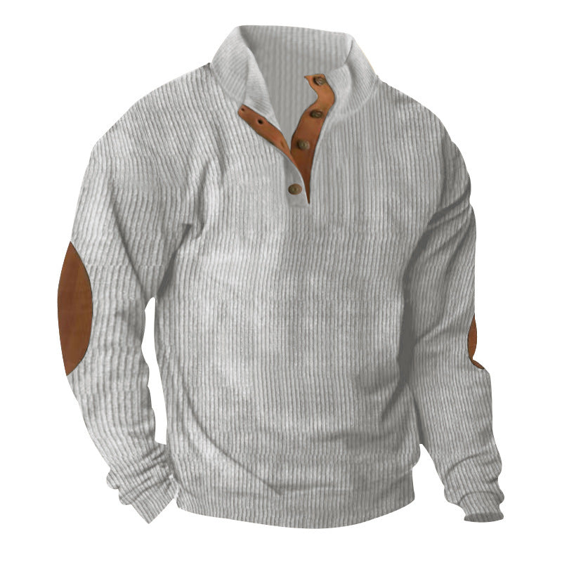 Herren hochwertiger Pullover mit Knopfleiste und modischen Lederapplikationen Aliams