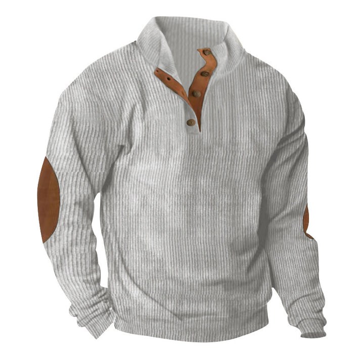 Herren hochwertiger Pullover mit Knopfleiste und modischen Lederapplikationen Aliams