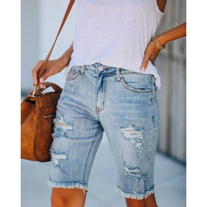 Damen Destroyed Denim Shorts Im Lässigen Schnitt mit Fransigen Säumen Aliams