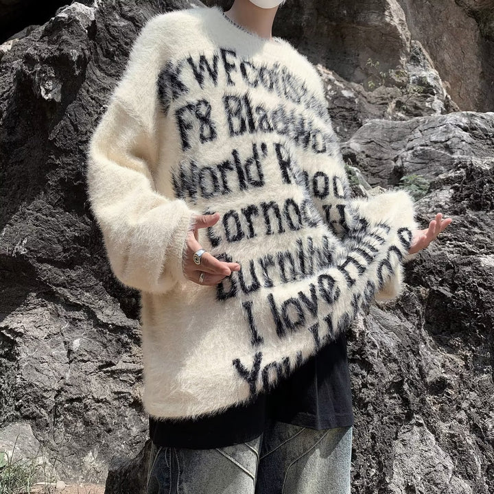 Unisex Oversized Strickpullover mit kreativem Schriftzug und gemütlichem Schnitt Aliams