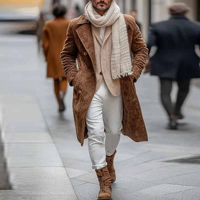 Herren Eleganter Wildleder-Mantel mit doppelter Knopfleiste und großzügigen Taschen Aliams