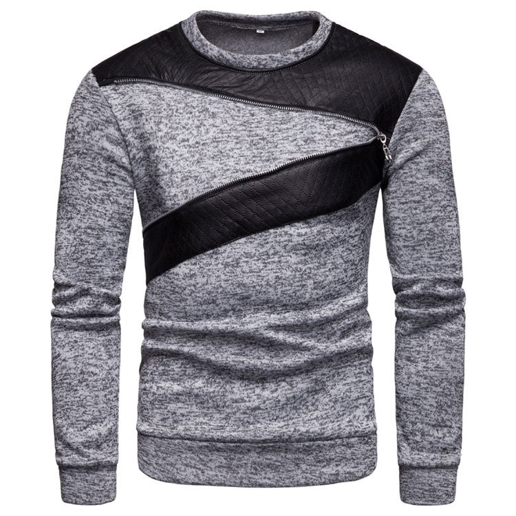 Herren stylischer Sweatpullover mit asymmetrischem Leder-Einsatz Aliams