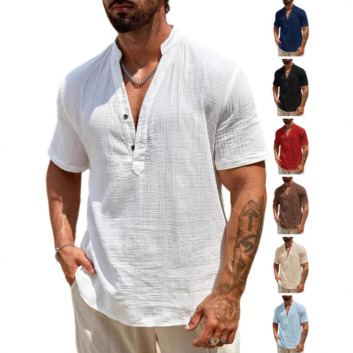 Herren Kurzarm Henley Hemd mit modernem Stehkragen aus leichtem Baumwollmaterial Aliams