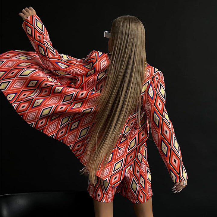 Damen Blazer und Shorts Set mit geometrischem Muster und taillierbarem Gürtel Aliams