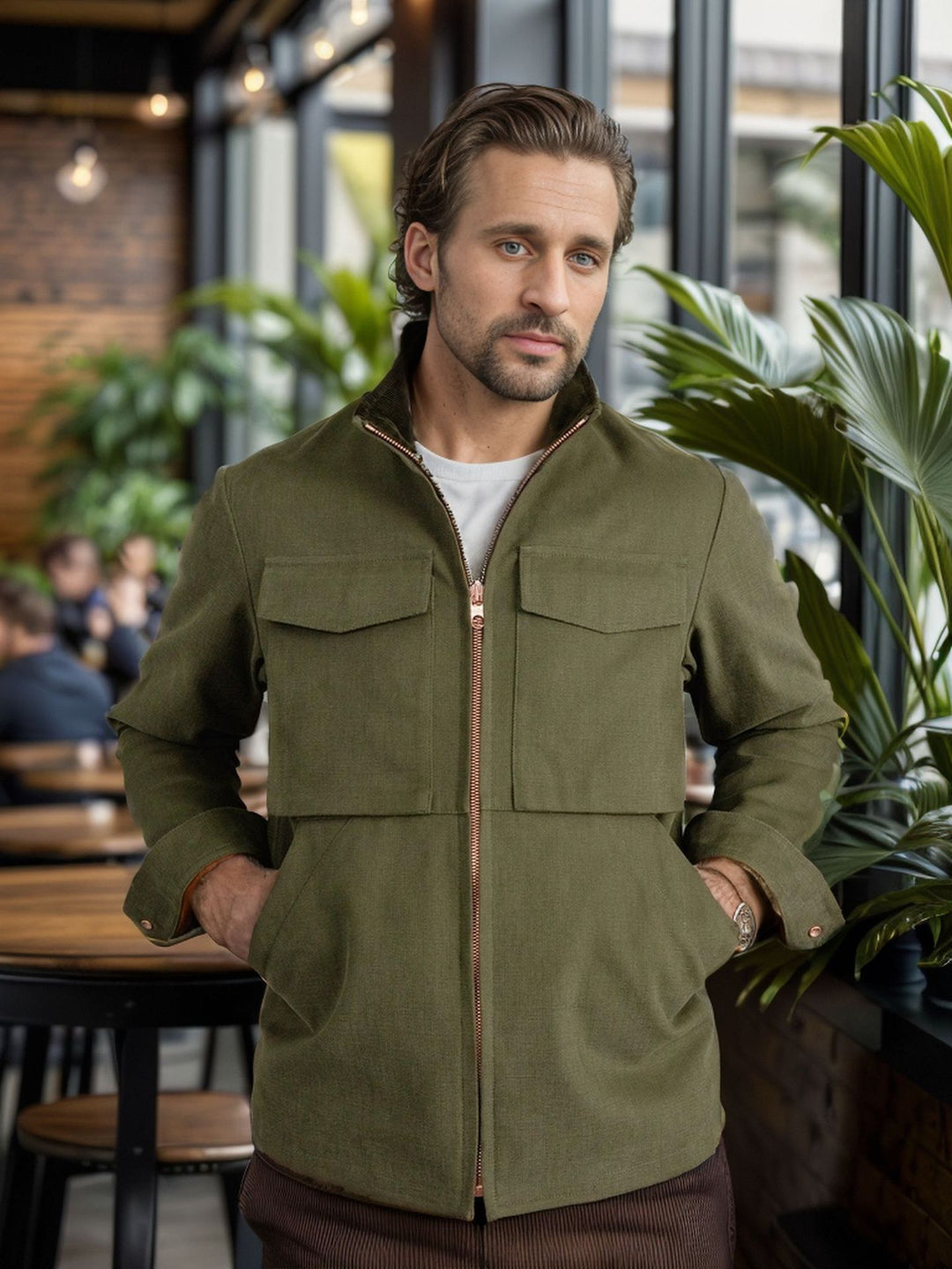 Herren praktische Utility-Jacke mit großen aufgesetzten Taschen Aliams