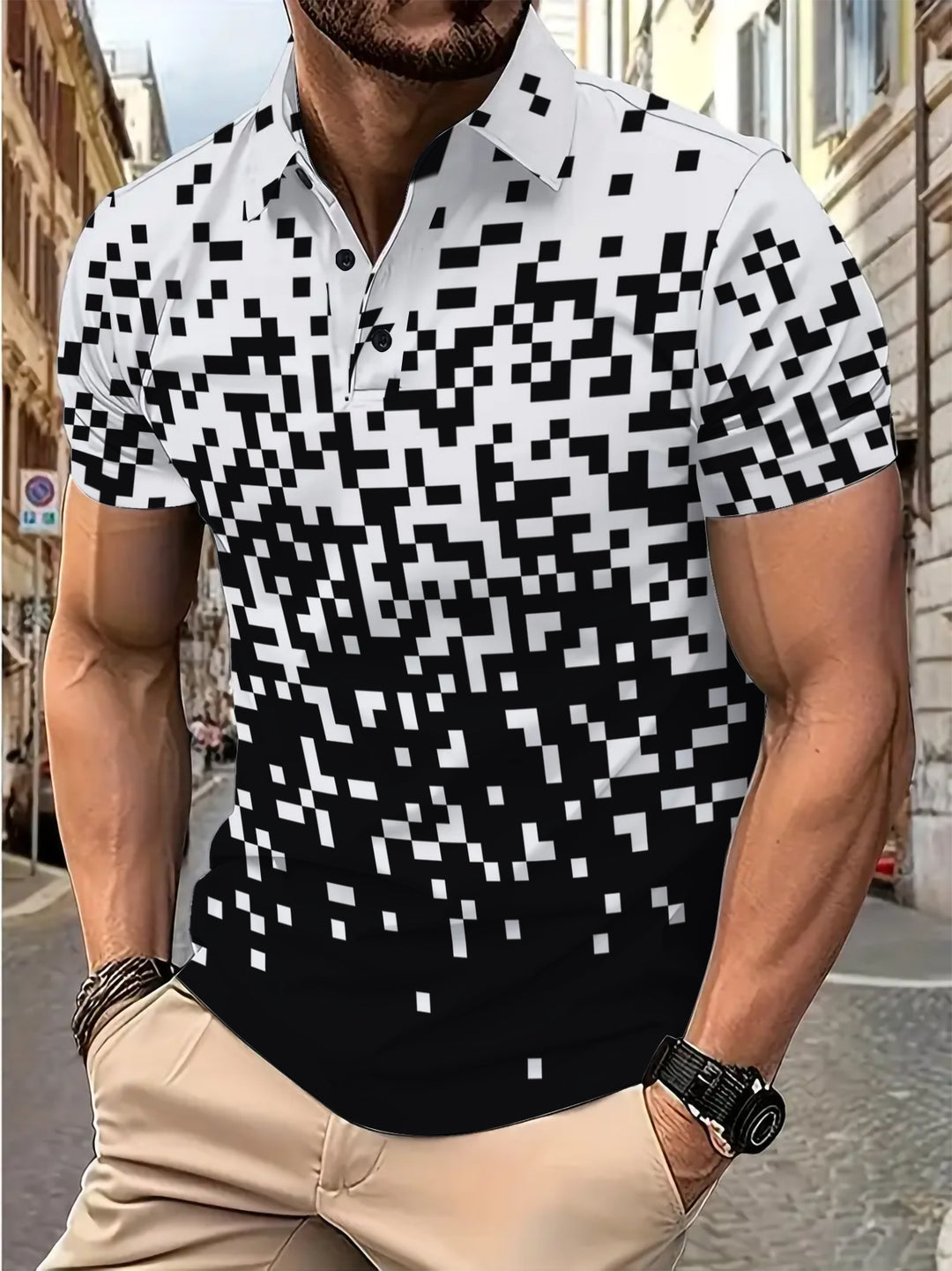 Herren Kurzarm Poloshirt mit kreativem Pixelmuster Aliams