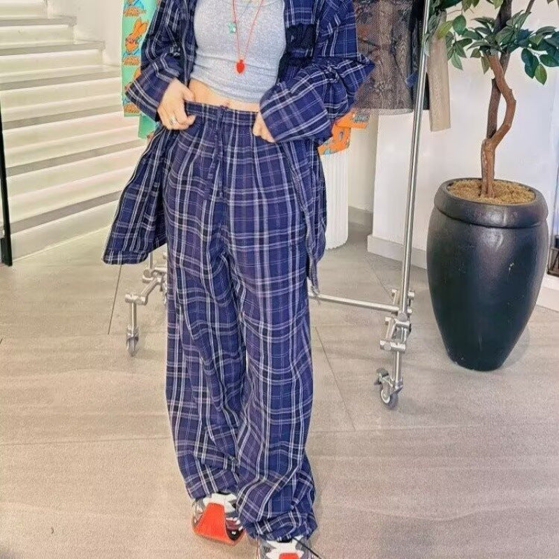 Damen bequeme Karohose mit elastischem Bund und weitem Bein Aliams