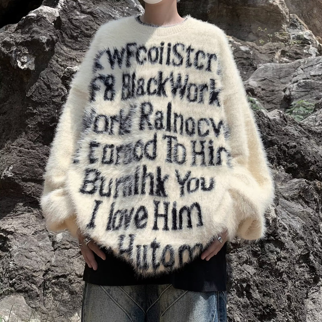 Unisex Oversized Strickpullover mit kreativem Schriftzug und gemütlichem Schnitt Aliams