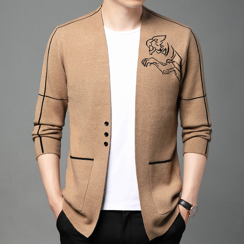 Herren elegante Strickjacke mit gesticktem Design und praktischen Taschen Aliams