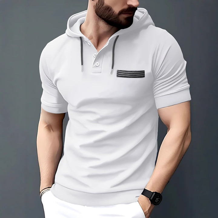 Stylisches Herren Polo mit kurzem Arm und Kapuze mit Kontrasttasche Aliams