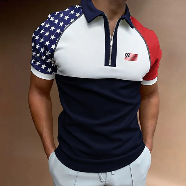 Herren Zip-Up Performance Polo-Shirt mit amerikanischer Flaggen-Applikation Aliams