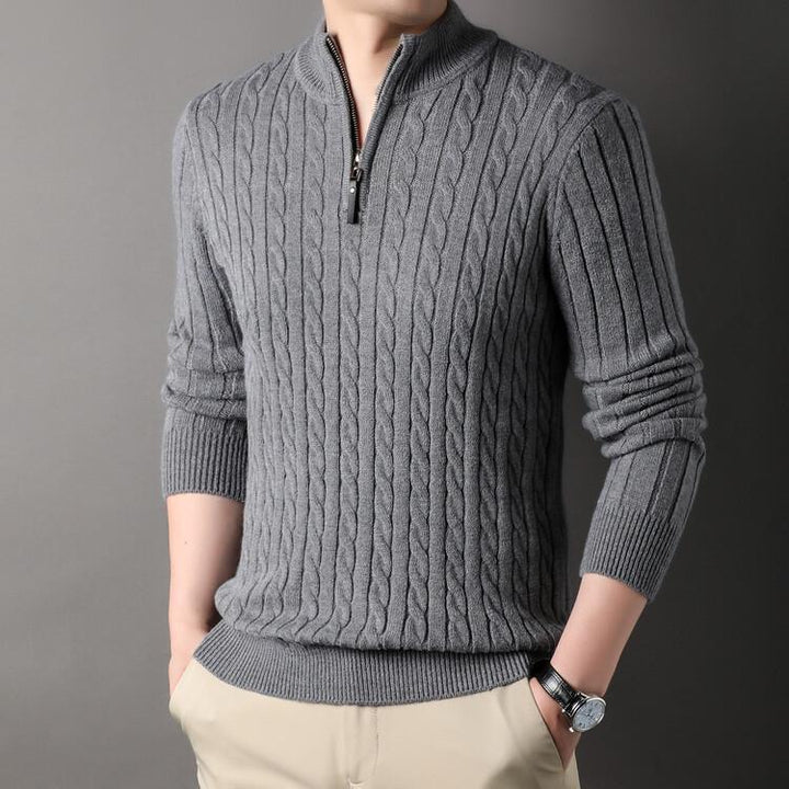 Herren eleganter Strickpullover mit halbem Reißverschluss und Kabelmuster Aliams