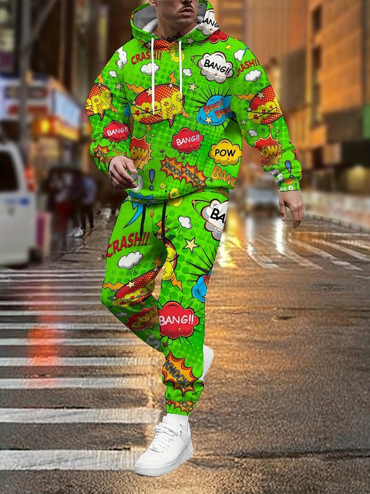 Herren Hoodie und Jogginghose im Comic-Stil mit buntem Druck Aliams