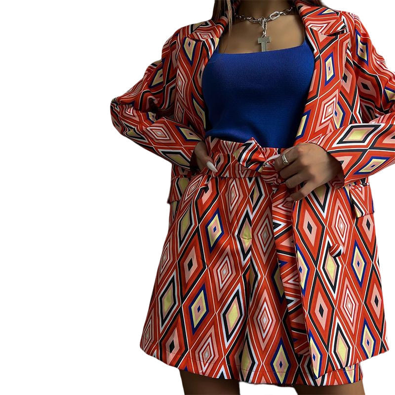 Damen Blazer und Shorts Set mit geometrischem Muster und taillierbarem Gürtel Aliams