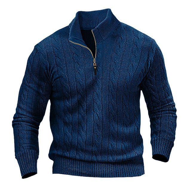 Herren stylischer Strickpullover mit halb offenem Kragen und Zopfmuster Aliams