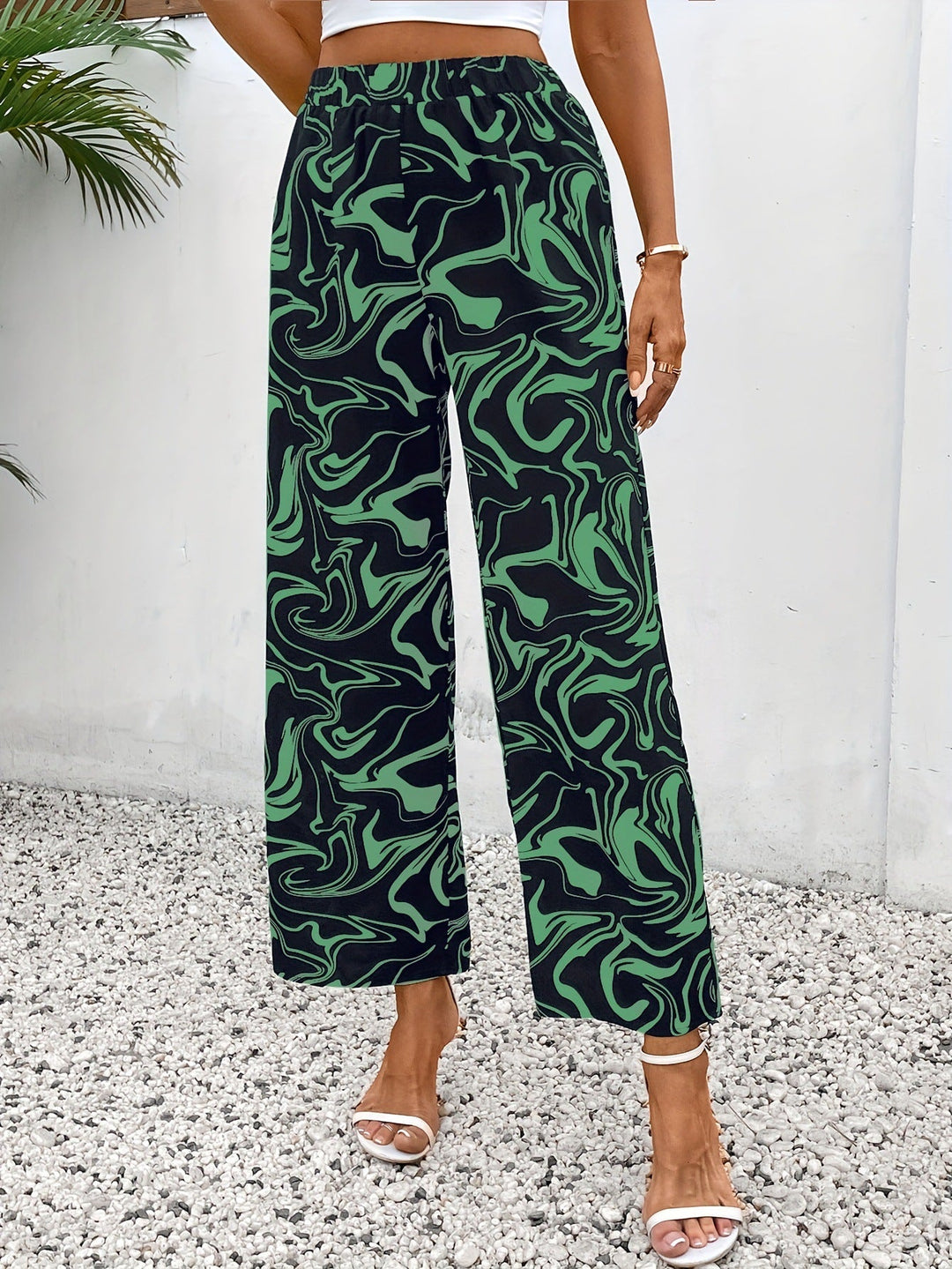 Damen Weite Palazzo-Hose mit Modernem Marmorprint und Elastischem Bund Aliams