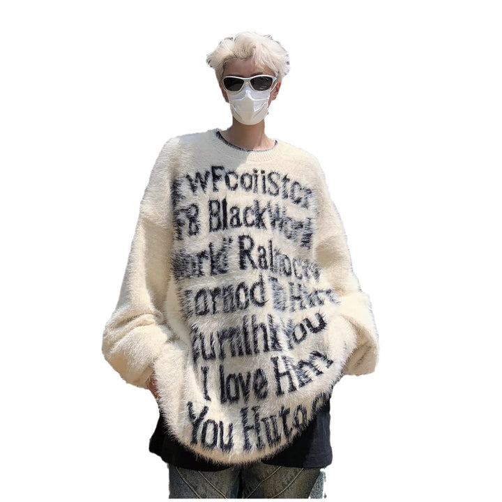 Unisex Oversized Strickpullover mit kreativem Schriftzug und gemütlichem Schnitt Aliams