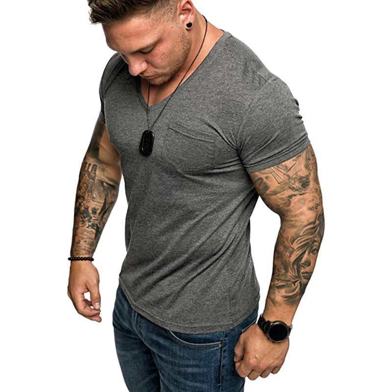 Herren V-Ausschnitt T-Shirt aus weicher Baumwolle mit Brusttasche Aliams