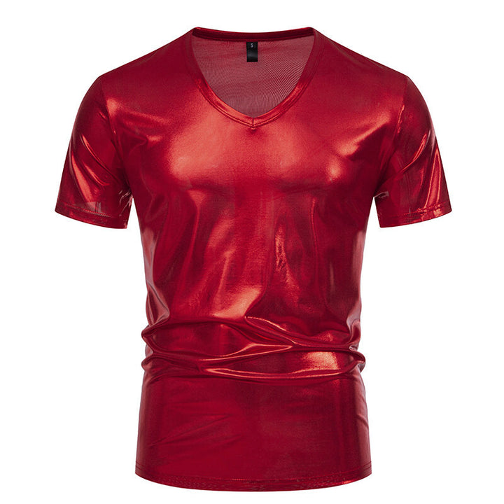 Herren V-Ausschnitt T-Shirt aus glänzendem Material mit persönlichem Stil Aliams