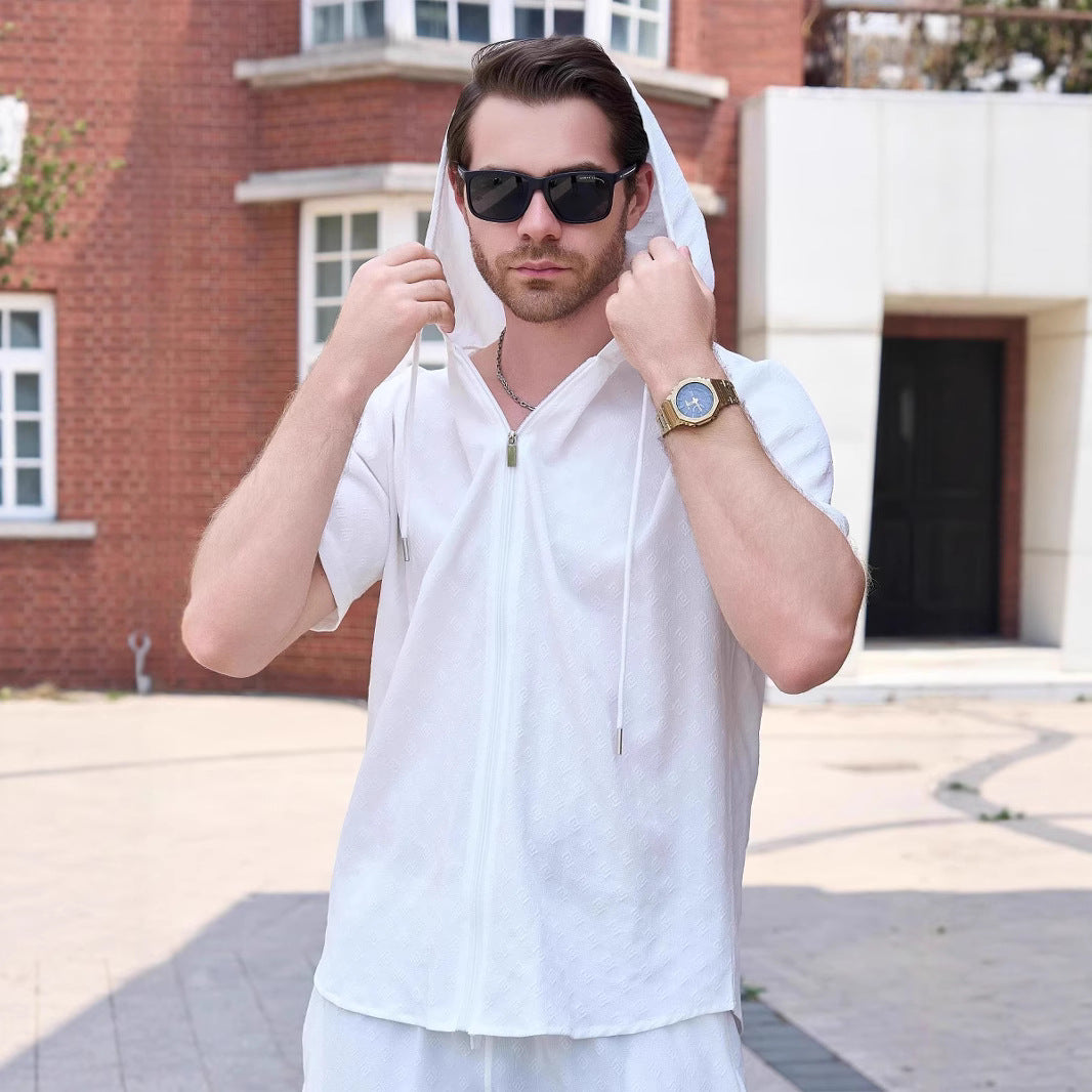 Herren Sportliches Kurzarm-Hemd mit Kapuze und Reißverschluss Aliams