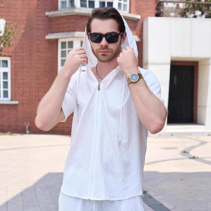 Herren Sportliches Kurzarm-Hemd mit Kapuze und Reißverschluss Aliams