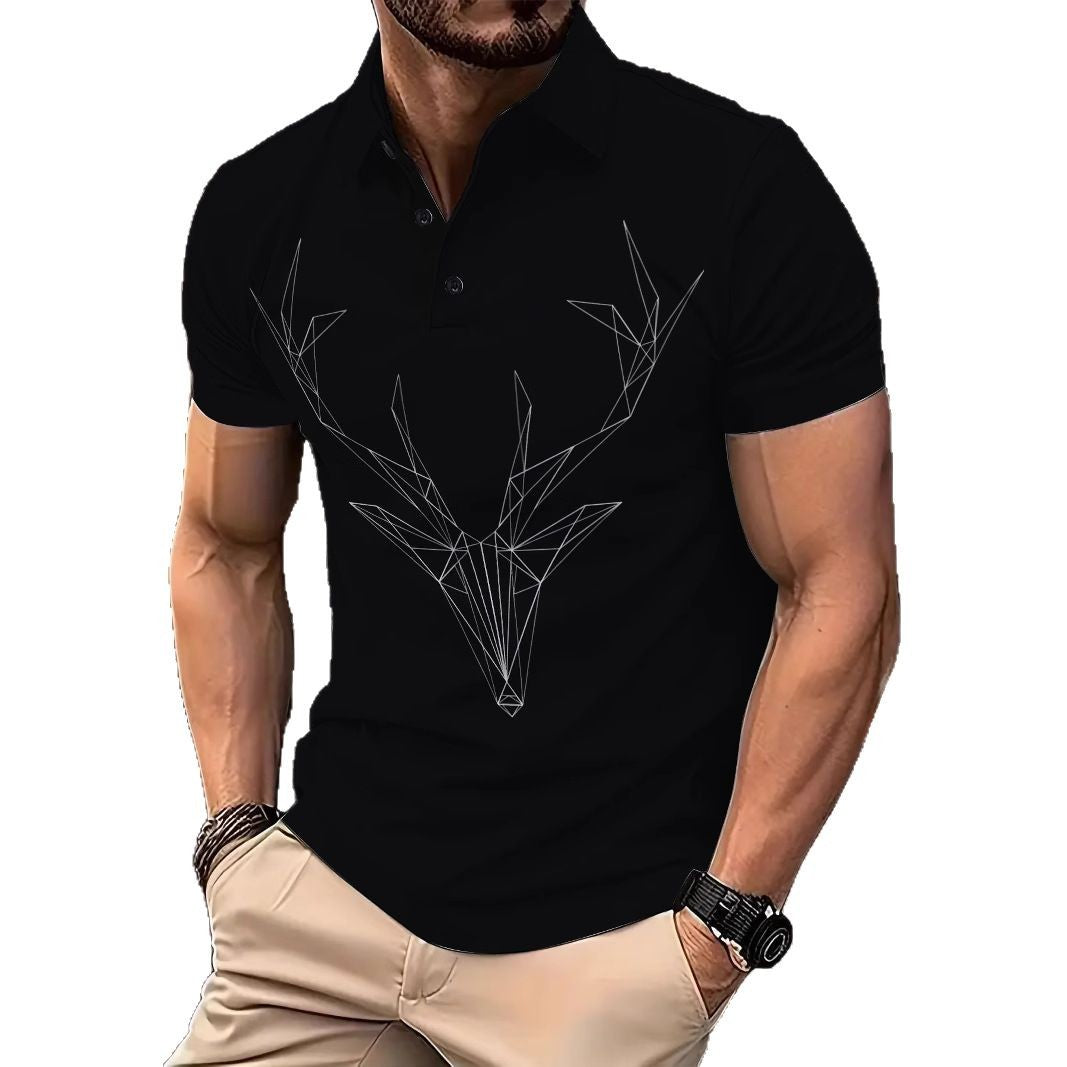Herren Kurzarm Poloshirt mit geometrischem Hirschmotiv Aliams