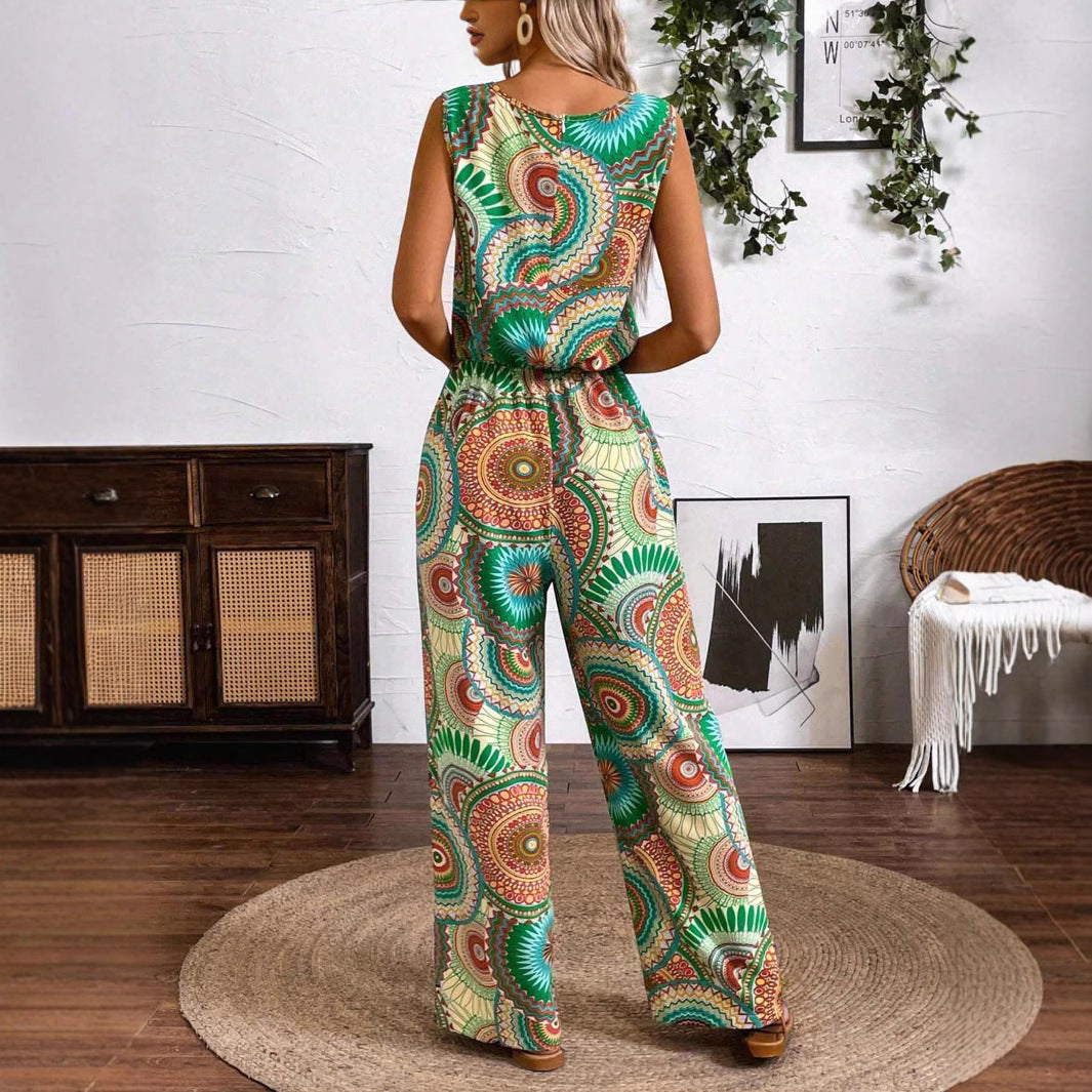 Damen Lässiger Jumpsuit mit Auffälligem Musterdetail und Elastischem Bund Aliams