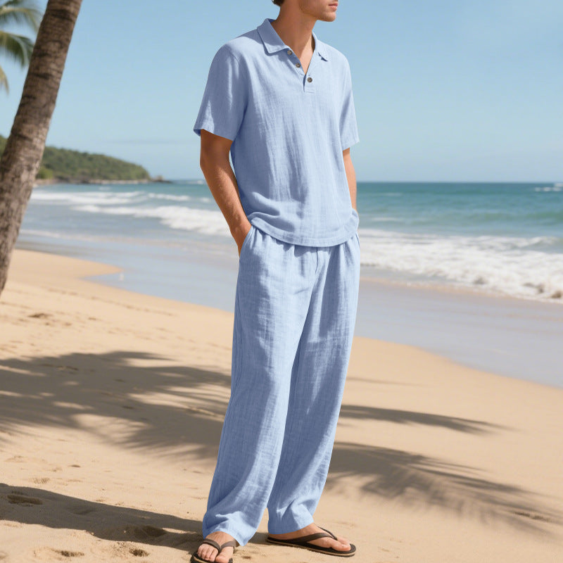 Herren elegantes Leinen-Set mit Kurzarmoberteil und weitem Hosenstil Aliams