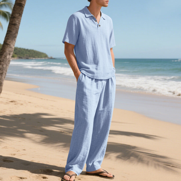 Herren elegantes Leinen-Set mit Kurzarmoberteil und weitem Hosenstil Aliams
