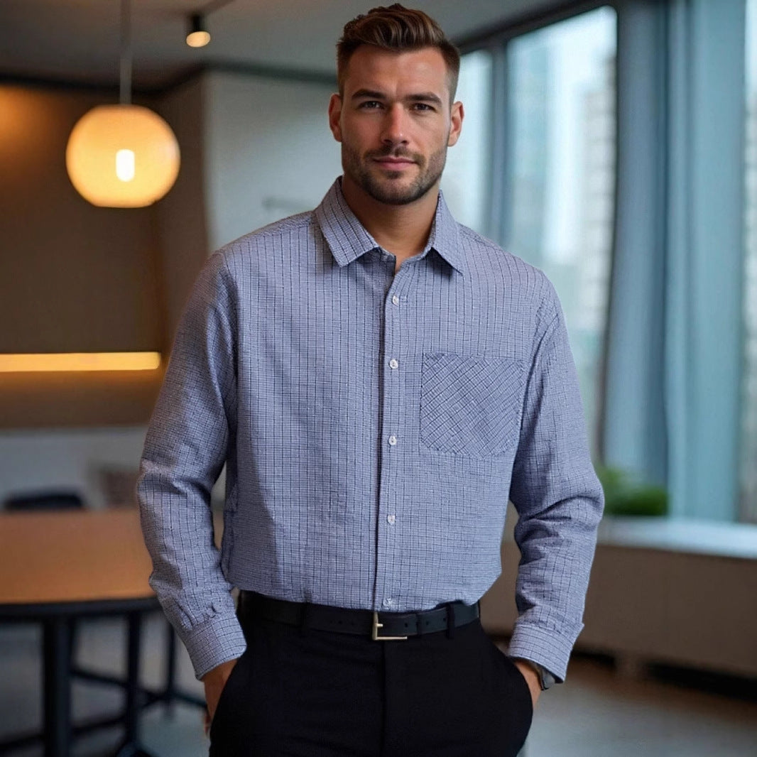 Herren kariertes Langarmhemd mit modernem Schnitt und Brusttasche Aliams
