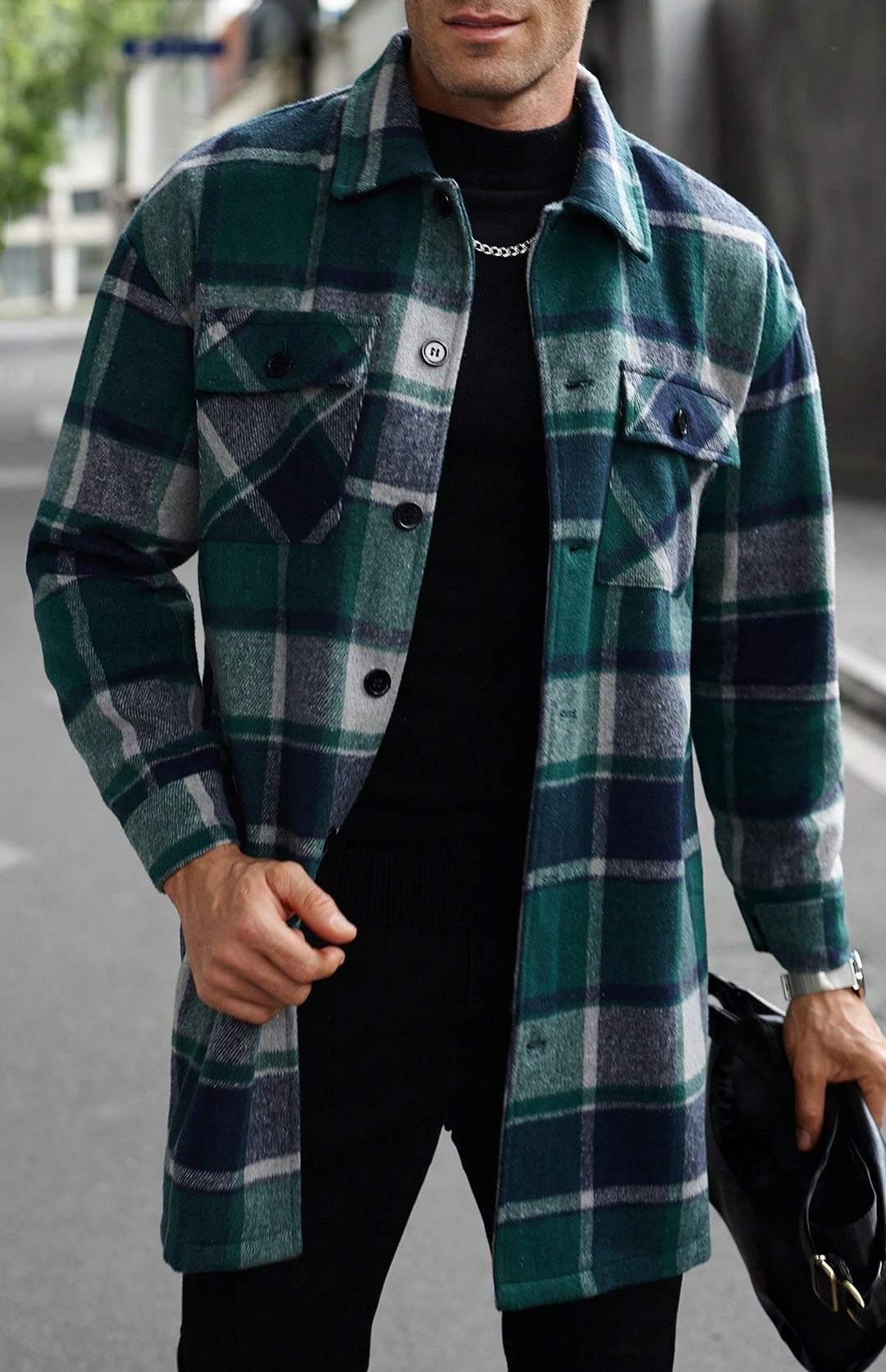 Herren karierte Flanelljacke mit knöpfbaren Taschen und modernem Schnitt Aliams