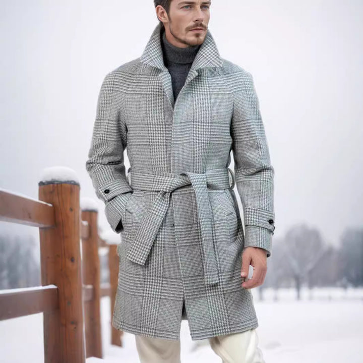 Herren eleganter Trenchcoat mit modernem Karomuster und Taillengürtel Aliams