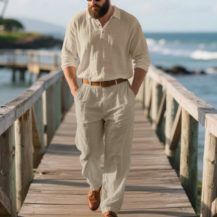 Herren eleganter Freizeit-Jumpsuit mit praktischen Taschen und stylischem Henley-Ausschnitt Aliams