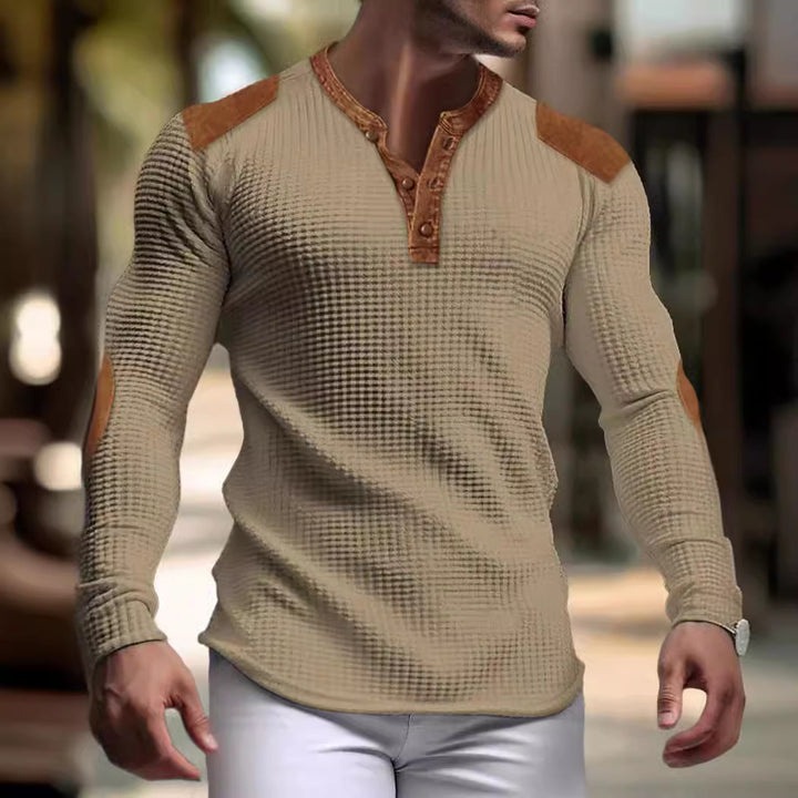 Herren strukturiertes Langarmshirt mit modischen Lederapplikationen Aliams