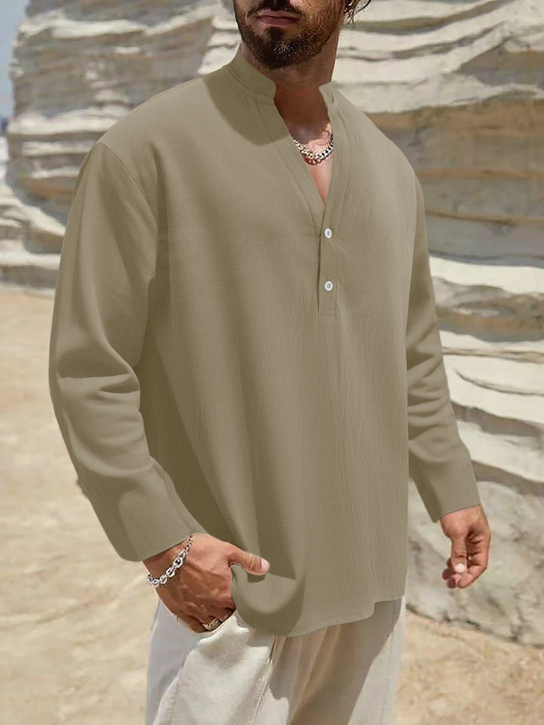 Herren komfortables Langarmhemd mit Stehkragen und Knopfdetails Aliams