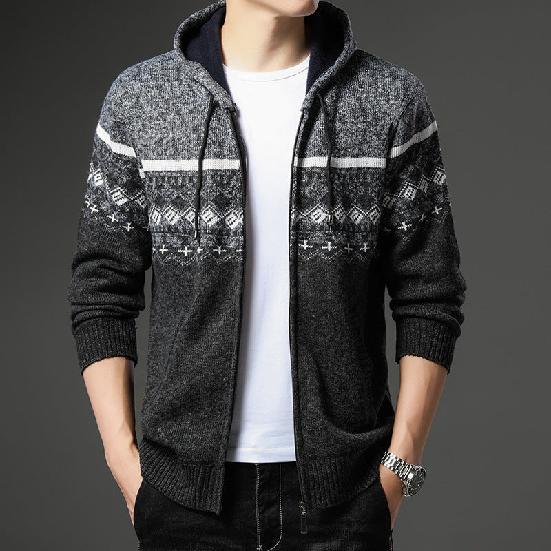 Herren gemusterte Strickjacke mit Kapuze und komfortablem Schnitt Aliams