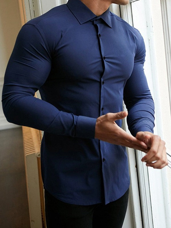 Herren körperbetontes Langarmhemd mit modischem Kragen und eleganten Knöpfen Aliams