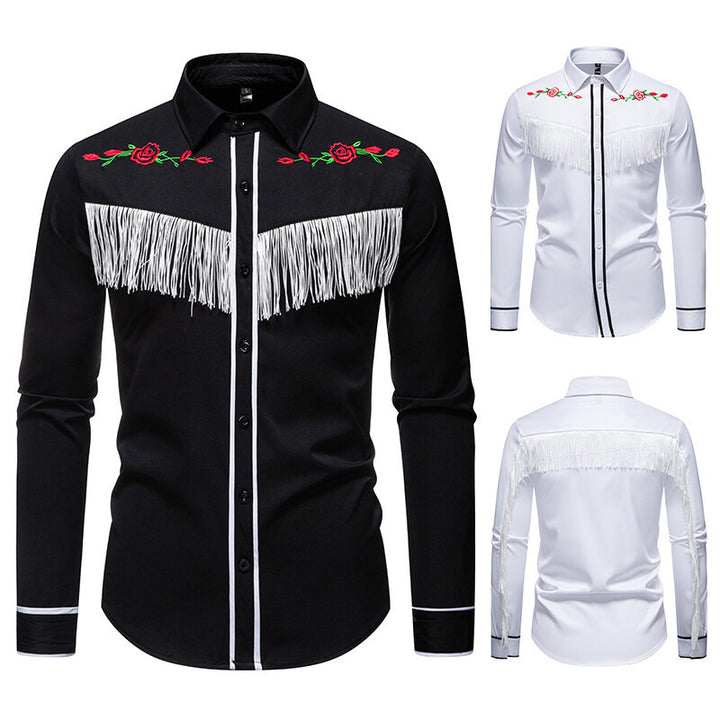 Herren elegante Westernbluse mit Fransen und bestickten Motiven Aliams