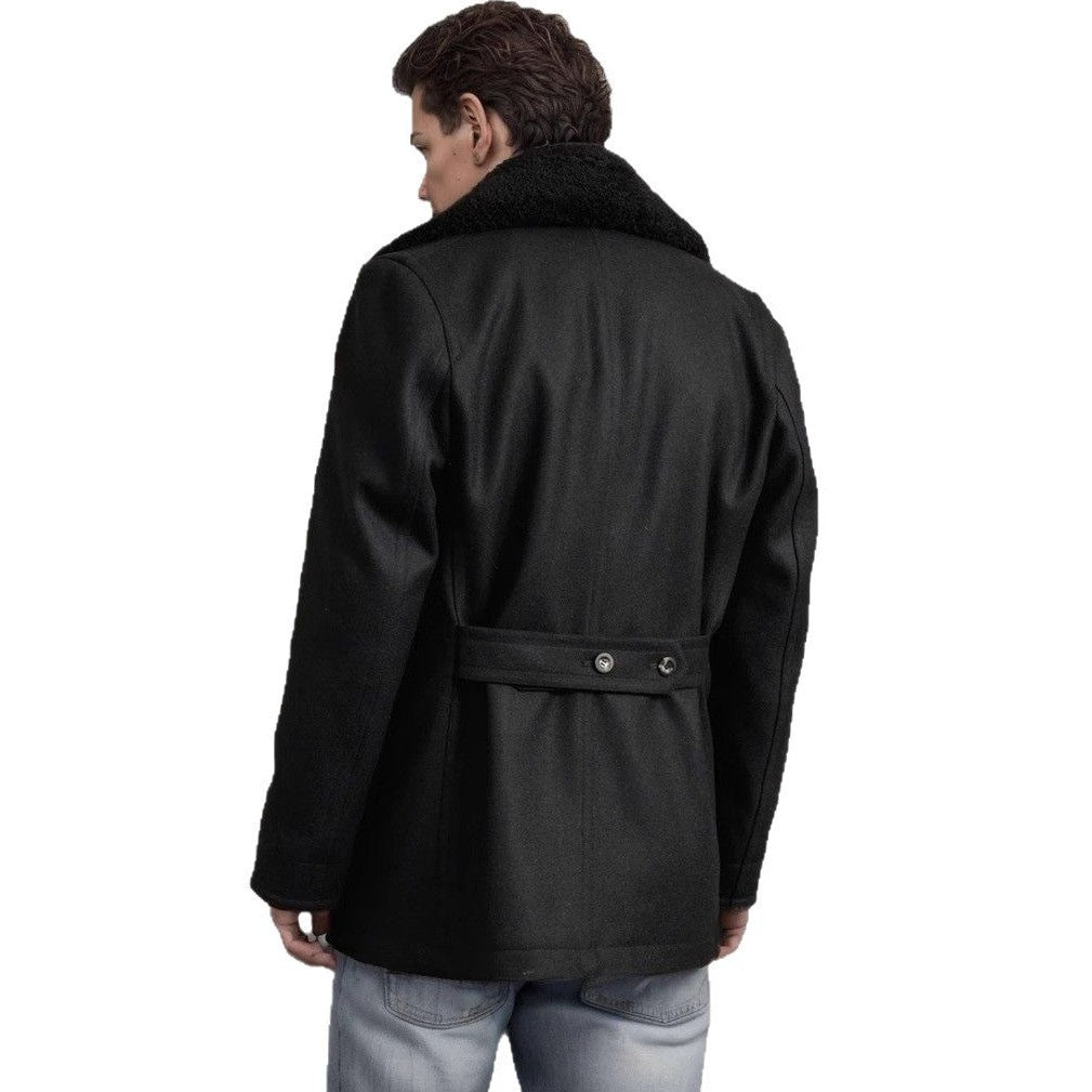 Herren elegante Wolle-Mantel mit hochgeschlossenem Fellkragen Aliams