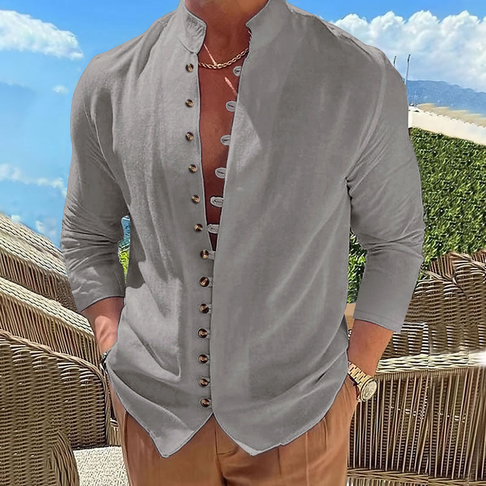 Herren stilvolles Langarm-Hemd mit Knopfleiste und modernem Stehkragen Aliams