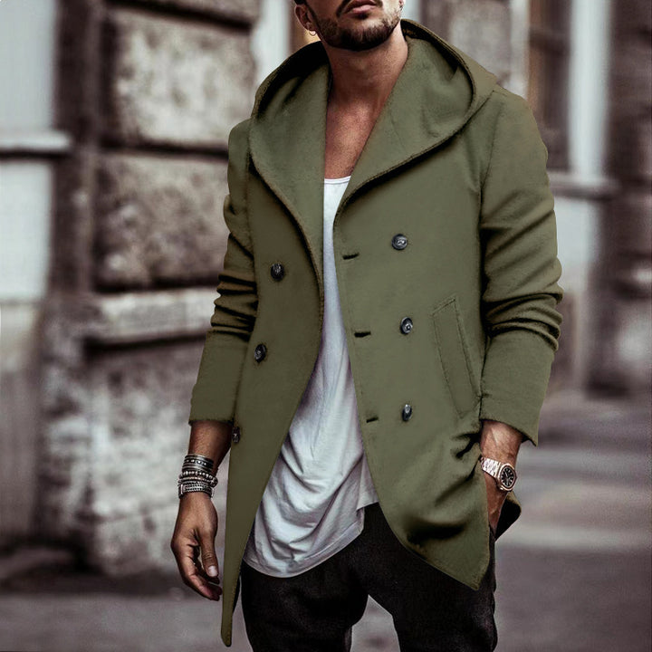 Herren urbaner Mantel mit oversized Kapuze und doppelter Knopfleiste Aliams