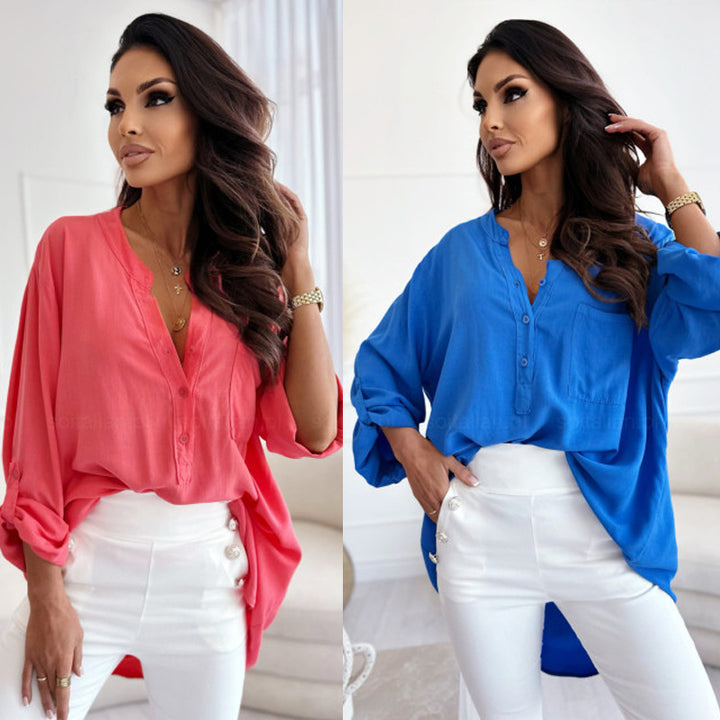 Damen lässige Longbluse mit Knopfleiste und oversized Schnitt Aliams