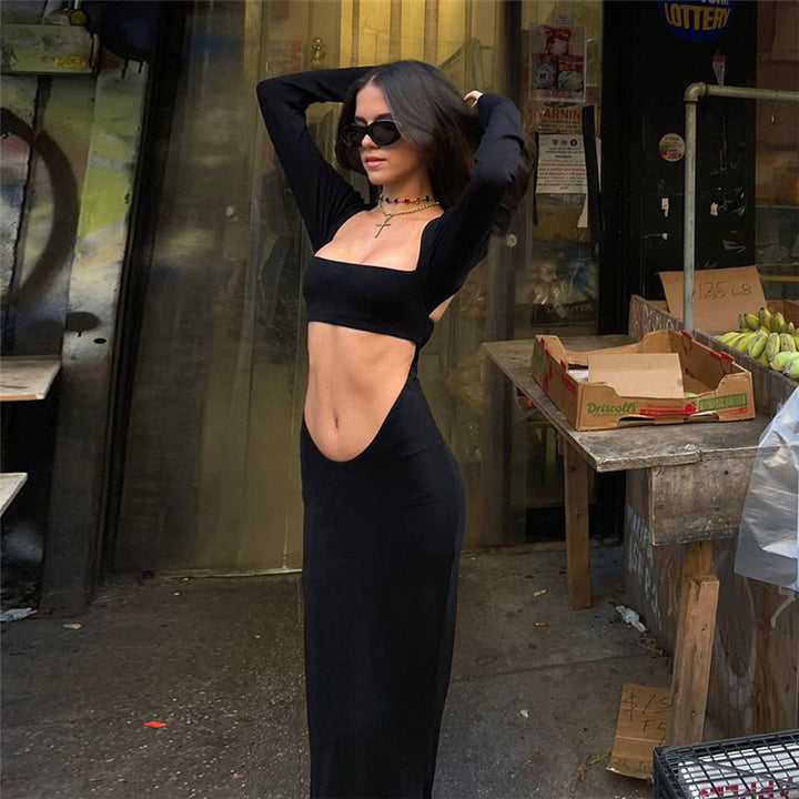 Damen Cut-Out Maxikleid mit langen Ärmeln und figurbetontem Schnitt Aliams