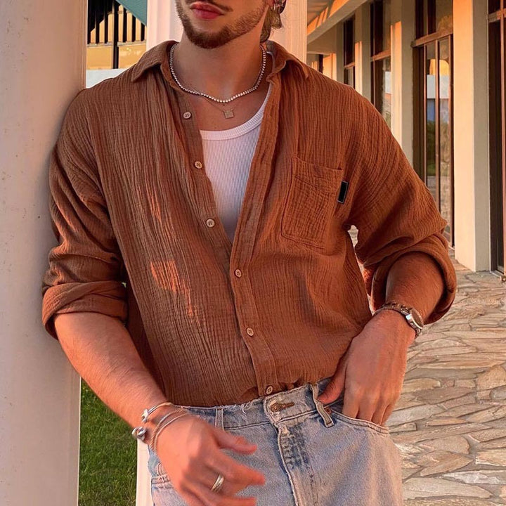 Herren Freizeithemd aus strukturiertem Baumwoll-Mix mit Brusttasche Aliams