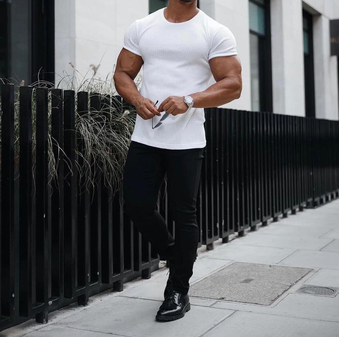 Herren Kurzarm Ripp-T-Shirt mit tailliertem Schnitt und bequemen Tragekomfort Aliams